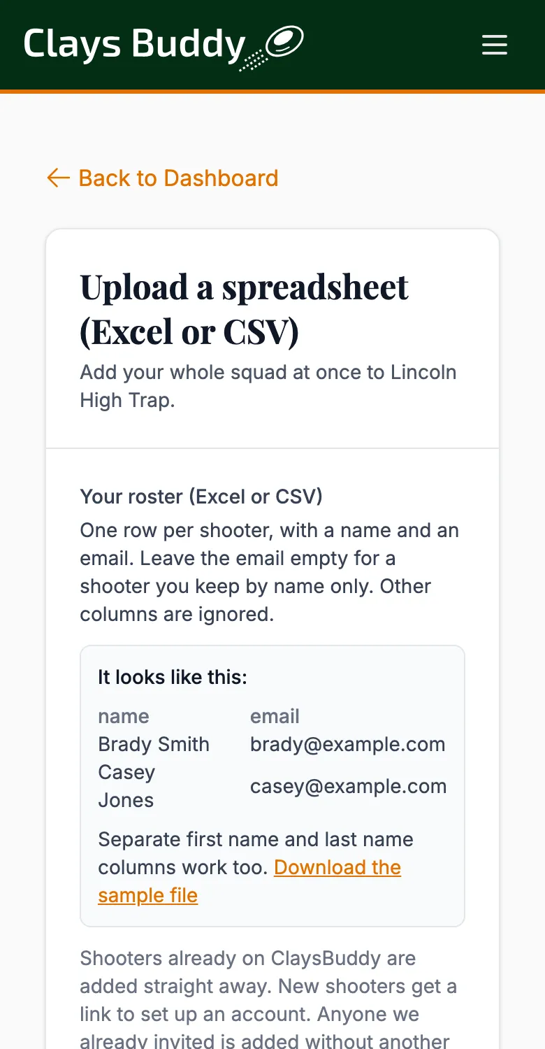 Roster upload page on a phone